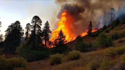 A forest fire in summer rises up the mountain on a summer day