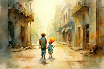 two boys walking along an old street illuminated by soft sunlight. 