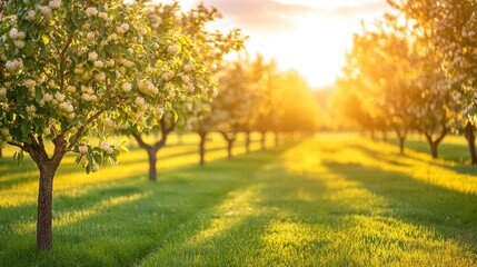 A sunlit orchard with blooming trees and a grassy path.