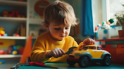 A child pretending to be a repair technician, using toy tools to fix a broken toy car in a colorful playroom.