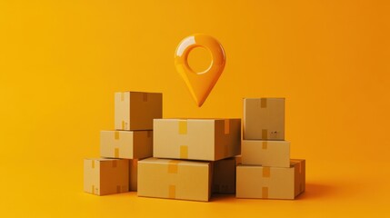 Obraz premium Delivery Concept with Boxes and Location Pin on Bright Orange Background