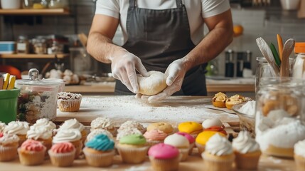 A baker rolling out dough and decorating cupcakes in a charming kitchen filled with flour, sugar, and vibrant ingredients.