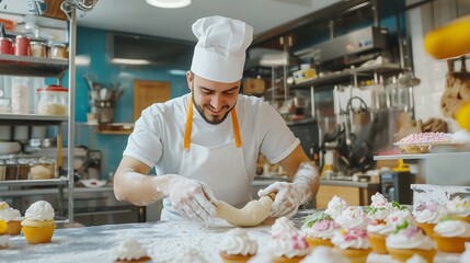 A baker rolling out dough and decorating cupcakes in a charming kitchen filled with flour, sugar, and vibrant ingredients.