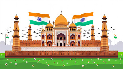 The Red Fort (Lal Qila) in Delhi, India, with the Indian flag. A famous travel landmark and World Heritage Site.