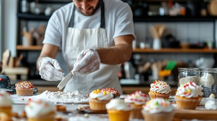 A baker rolling out dough and decorating cupcakes in a charming kitchen filled with flour, sugar, and vibrant ingredients.