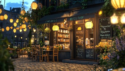 Fototapeta premium Charming European street scene at dusk. A quaint shop with outdoor seating is illuminated by warm hanging lanterns. Cozy atmosphere.