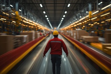 A worker in a red outfit and yellow hard hat stands in focus amid a bustling industrial setting, next to an active conveyor belt with vivid lighting and motion effects.