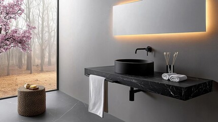a photostock of a  Black bathroom interior design, black washbasin and faucet on black marble counter in modern luxury minimal washroom