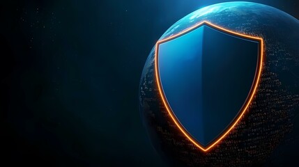 Fototapeta premium A glowing orange outline of a digital shield protects a dark blue globe, symbolizing global cybersecurity.