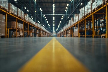 Obraz premium A wide, empty aisle in a vast warehouse stretches towards the horizon, defined by rows of towering shelves, embodying potential and capacity for storage and operations.