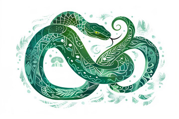 Obraz premium Intricate green snake with tribal patterns in abstract artistic design