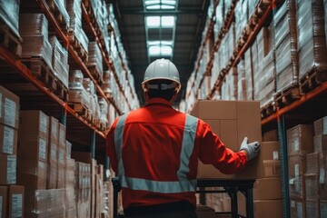 A worker in a high-visibility jacket and helmet manages boxes in a large warehouse, highlighting the precision and organization required in supply chain jobs.