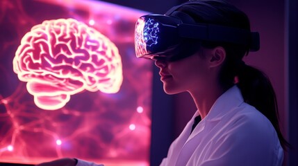 In a modern lab focused on neuroscience, a woman wears virtual reality equipment while engaging with a digital brain model.