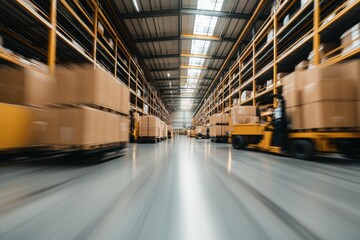 Fototapeta premium A vast warehouse with rows of shelves storing numerous large boxes, captured with a sense of motion, highlighting the fast-paced environment of modern distribution.