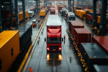 Fototapeta premium A vibrant red truck drives through a shipping yard filled with numerous shipping containers, illustrating the global commerce and transportation industry in action.