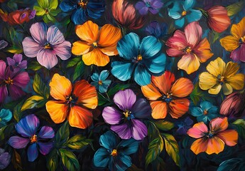 Fototapeta premium Colorful Floral Painting Featuring Vibrant Blossoms in Various Shades and Textures, Capturing the Beauty of Nature in Lush Detail and Rich Hues