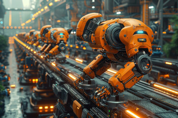 Fototapeta premium high-tech production line with robotic manipulators. The robots are painted bright orange and are busy performing various tasks on a conveyor belt. 