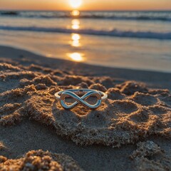 A promise ring with an infinity symbol, resting on a serene sunset beach.