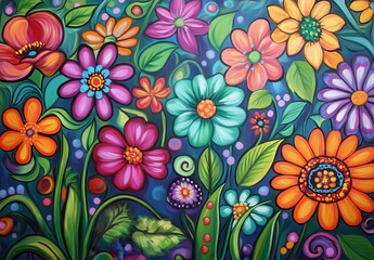 Fototapeta premium Colorful Floral Patterns with Vibrant Flowers and Lush Greenery Creating a Lively and Artistic Nature Scene Ideal for Home Decor and Art Projects