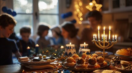 Naklejka premium Warm and festive Hanukkah celebration surrounded by joyful family and traditional treats in a cozy atmosphere