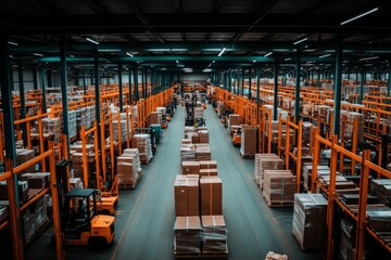 Fototapeta premium An expansive overhead view of a vast warehouse space filled with towering shelves, neatly organized boxes, and bright orange forklifts moving through organized aisles.