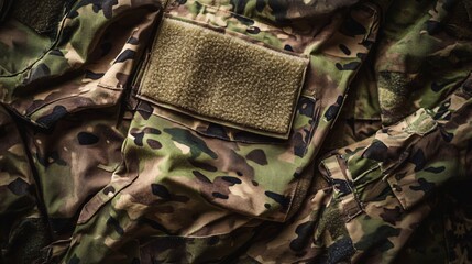 Folded camouflage military uniform with blank velcro patch for your text
