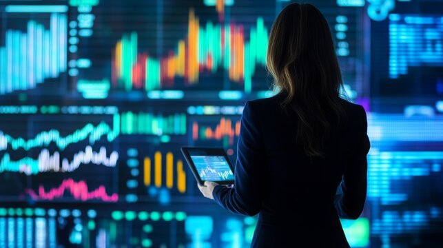 In a contemporary office, a woman stands focused on a digital tablet, analyzing colorful data visualizations on large screens.