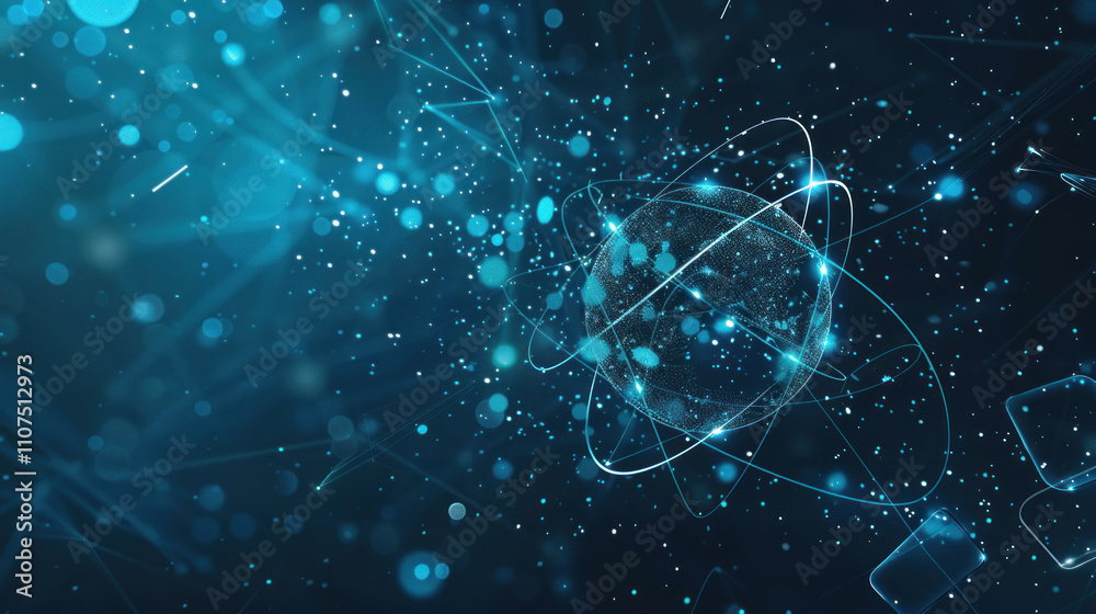 Poster abstract technology scene with bright blue shades. In the foreground is a glowing sphere surrounded by lines and dots resembling an atomic model or network structure.  