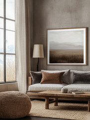 Fototapeta premium Cozy living room with rustic decor and landscape artwork