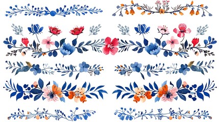 Watercolor floral borders, blue, red, orange flowers, leaves, branches, design elements, dividers, frames, illustrations, isolated on white background.