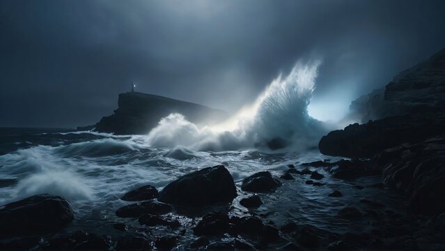 A dramatic view of waves crashing on rocky shores