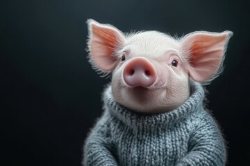 Adorable young pig clothed in a cozy sweater, gazing forward against a gloomy background