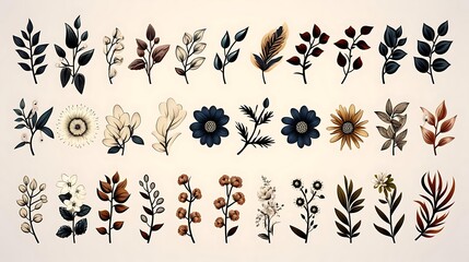 Fototapeta premium Collection of 30 unique botanical illustrations; leaves, flowers, branches in dark, muted tones.