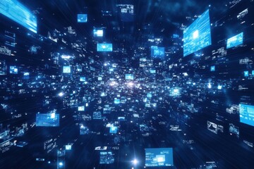 Naklejka premium Illustration of digital data changes throughout a network set against a blue background