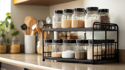 Organized spice jars on a two-tiered metal rack in a kitchen.