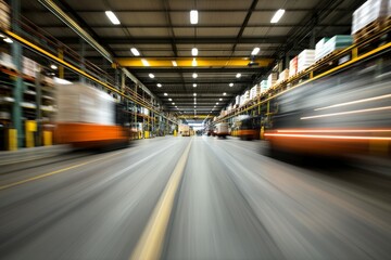 Obraz premium A blur effect showcases vehicles in motion within a warehouse, underscoring speed and dynamic operations in a highly energized industrial setting.