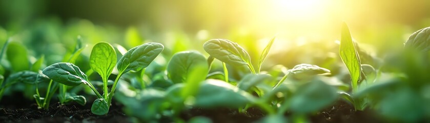 Fototapeta premium Spinach plants growing in a thriving vegetable garden, rich green foliage, and healthy soil under soft sunlight