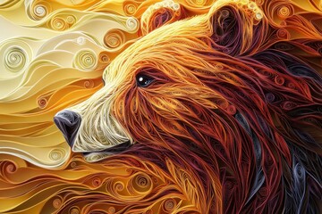 Intricate quilling craft of a bear symbolizing strength amidst nature's embrace
