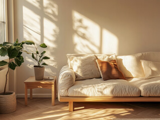 Fototapeta premium Sunny Minimalist Living Room with Wooden Sofa and Greenery