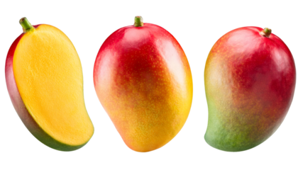 Ripe mango fruit and a slice isolated on transparent background, showcasing its vibrant colors and juicy texture