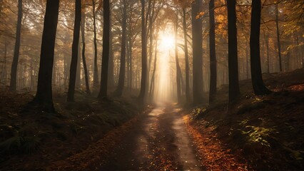 Obraz premium A sunlit path through a forest in autumn