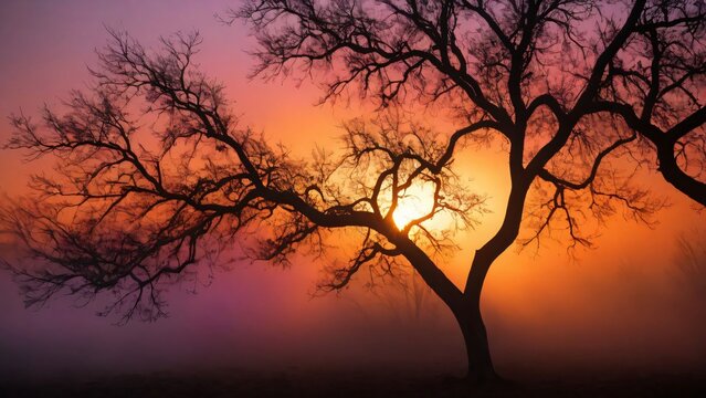 A silhouette of tree branches against a colorful sunset