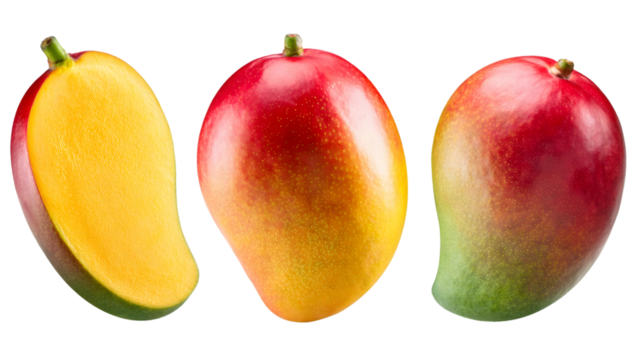 Ripe mango fruit and a slice isolated on transparent background, showcasing its vibrant colors and juicy texture