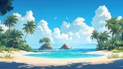 Obraz premium Tranquil tropical island with palm trees and expansive beach creating a perfect getaway