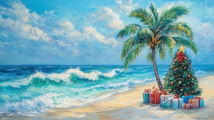 Tropical Christmas Scene with Palm Tree and Colorful Gifts