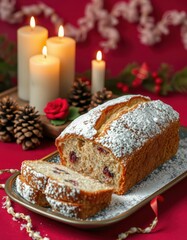 Festive bread with cranberry filling served with candles and natural decorations during the holiday...