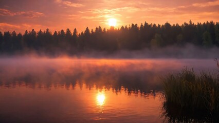 Fototapeta premium A vibrant sunset over a peaceful lake