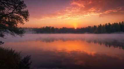 A vibrant sunset over a peaceful lake