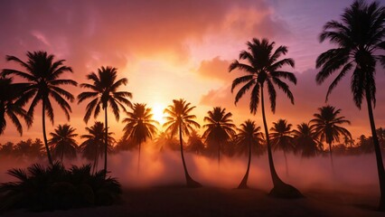 Obraz premium A vibrant tropical sunset with silhouettes of palm trees