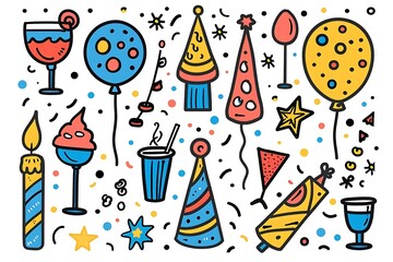Colorful doodle illustration of party items including balloons, hats, drinks, and confetti.